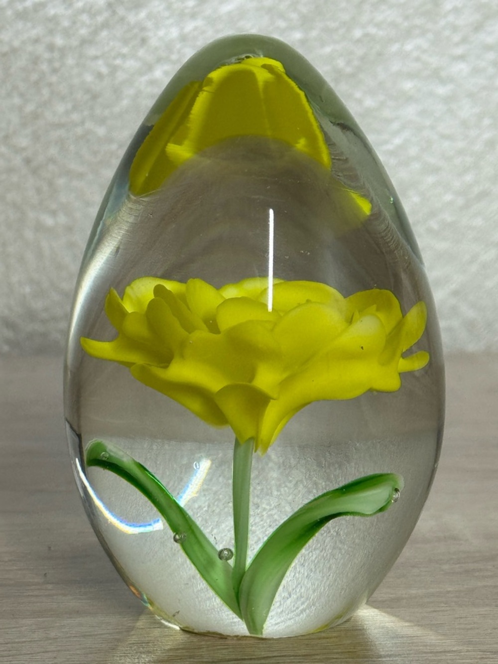 Vintage Art Glass Paperweight Yellow Rose 4” Crystal Egg
